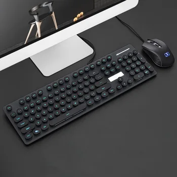 Розовая Проводная игровая клавиатура и мышь в стиле ретро, круглая клавиатура в стиле стимпанк, мультимедийная кнопка 1800 точек на дюйм, мышь для ПК, ноутбука