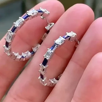 Серьги-кольца Huitan Blue/Crystal Cubic Zirconia для женщин, роскошные круглые серьги, аксессуары для свадебной вечеринки, ювелирные изделия