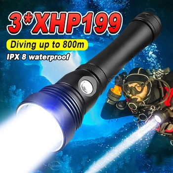 Супер Профессиональный фонарик для Дайвинга XHP199 IPX8 Подводные лампы Высокомощный светодиодный фонарик Водонепроницаемый фонарь для подводного плавания