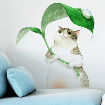 Съемная наклейка на стену с прячущимся от дождя котенком, милый кот под листьями, наклейки на стены детской комнаты, самоклеящиеся украшения стен