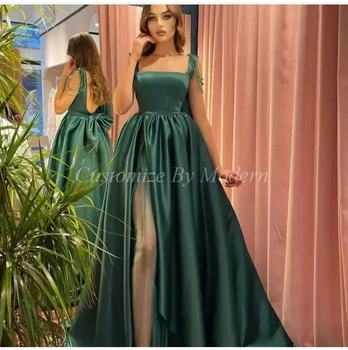 Темно-зеленые атласные Длинные платья для выпускного вечера, расшитые бисером, Длина до пола, без спинки, женские вечерние платья из Саудовской Аравии, вечернее платье для вечеринок