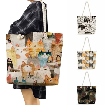 Тканевая сумка через плечо с Мультяшным цветочным принтом кота, Эко-сумочка для хранения, Женская сумка для покупок, Продуктовые сумки, Многоразовая Складная из полиэстера