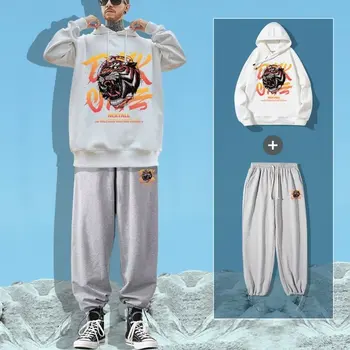 Толстовки и брюки с изображением Тигриного Рыка, комплект из двух предметов для мужчин, Осенняя уличная одежда, спортивный костюм для бега, повседневная спортивная одежда, костюм