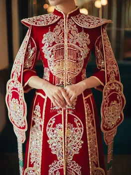Традиционное свадебное платье в китайском стиле Без подкладки, Одежда для тяжелой промышленности, платье XiuHe, костюм для новобрачных, Китайское платье с драконом и Фениксом