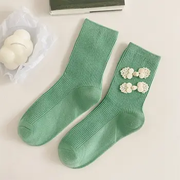 Хлопчатобумажные носки контрастного цвета с пуговицами-лягушками, Весенние носки в китайском стиле, Женские Короткие носки, Носки для бега, Чулочно-носочные изделия