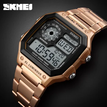 Цифровые часы SKMEI с ремешком из нержавеющей стали, спортивные часы reloj hombre, мужские водонепроницаемые часы 5 бар