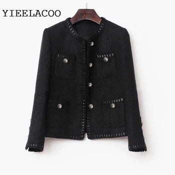 Черная твидовая женская куртка, весенне-осенне-зимнее шерстяное пальто, новая шерстяная классическая женская куртка