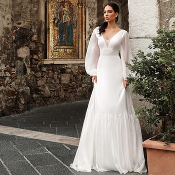 Шифоновое свадебное платье с кружевной аппликацией и V-образным вырезом, пляж Дубай, Богемное Свадебное платье с низкой спинкой и рукавами-баллонами, Vestido De Novia