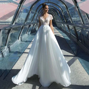 Шифоновые свадебные платья ADLN с V-образным вырезом и короткими рукавами, иллюзионный лиф, расшитый бисером, Пляжное свадебное платье, плюс Размер Платья невесты с открытой спиной