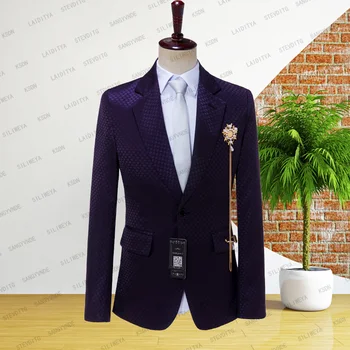 2023 Мужские костюмы с фиолетовым тиснением в виде волновой точки, три предмета, мужские модельные костюмы, повседневные офисные деловые костюмы для свадьбы