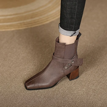 34-43, женские ботинки Martin из воловьей кожи большого размера с квадратным носком, высокий каблук, эластичный пояс на пуговицах, женские ботинки