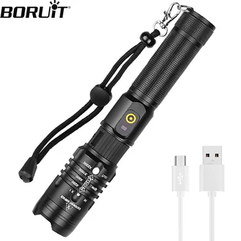 BORUiT Супер яркий светодиодный фонарик с зумом P50 USB Аккумуляторная батарея 18650 Power Bank факел IPX4 Водонепроницаемый фонарь для кемпинга и рыбалки