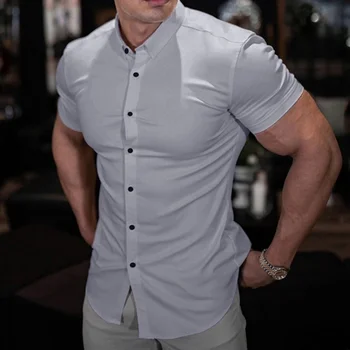 Muscle Мужская Короткая Рубашка для Фитнеса, Мужская Супертонкая Мужская Повседневная Социальная Деловая Рубашка, Брендовая Мужская Спортивная Одежда Для Фитнеса