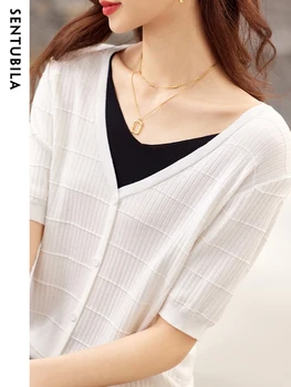 Sentubila, вязаные топы в стиле пэчворк, Женская футболка, Летняя мода 2023, V-образный вырез, Женские Элегантные прямые футболки с коротким рукавом