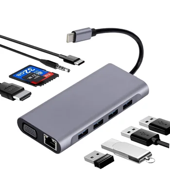 USB C Концентратор Адаптер Для Ноутбука 11 В 1 Разъем RJ45 Кабель VGA Дисплей Порт HDMI 4K Lan Ethernet HDTV PD TF Карта SD Карта AUX 3,5 мм