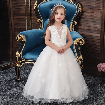 Vestidos Тюлевое Кружевное Белое Свадебное платье Принцессы для Детей, Девочек от 3 до 12 лет, Халат Голубой Demoiselle D'Honneur Enfant Mariage