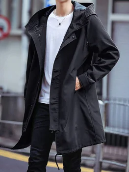 Демисезонный Длинный Тренч, Мужская Модная Ветровка с капюшоном, черное пальто, Повседневные куртки, Большие Размеры 6XL 7XL 8XL