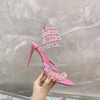Женская обувь, Элегантные вечерние босоножки, свадебные туфли на шпильке в виде люстры, украшенные кристаллами, на высоком каблуке со змеиной оберткой, 9,5 см, Бренд Oeing