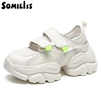 Женские спортивные сандалии SOMILISS на платформе, уличные сандалии из натуральной кожи с сеткой, Походная спортивная Пляжная Летняя обувь для бассейна