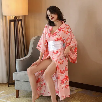 Женское платье-кимоно в японском стиле, Сексуальная Длинная юбка-Юката с цветочным принтом, Шифоновая ночная рубашка, Халат, Азиатское Оби, Новинка