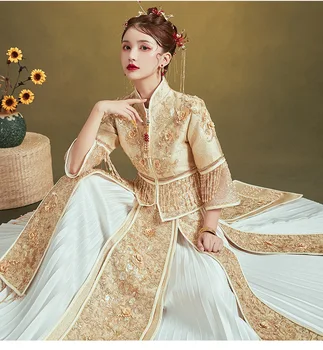 Китайское традиционное свадебное платье с золотым драконом и Фениксом, банкетное платье для мужчин и женщин, пара, винтажный стиль, Восточный китайская одежда