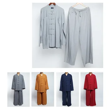 Костюмы для монахов из Хлопчатобумажной ткани, Китайская Традиционная одежда, Свободная Тибетская одежда даосизма, Топ и брюки на пуговицах, Буддийская ткань