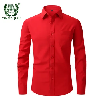 Красные стрейчевые платья-рубашки Мужские Regular Fit, мужские рубашки на пуговицах с длинным рукавом, без морщин, однотонная деловая сорочка Homme 2XL
