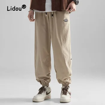 Модные однотонные хлопковые Свободные Мужские брюки-карго с накладными карманами на талии, Уличные повседневные мужские брюки с завязками на ногах