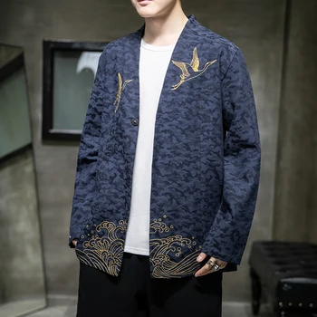 Мужское пальто в китайском стиле Hanfu в стиле ретро, Национальная вышивка Сказочного Журавля, Молодежный Кардиган бренда Tide, Большой Размер, костюм Тан