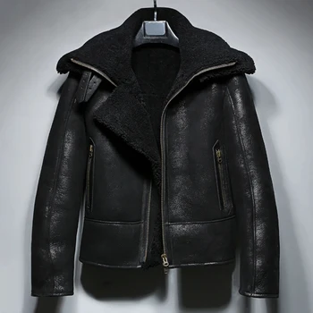 Новая мужская куртка из овчины B3, короткая меховая куртка, Черная кожаная куртка, Модное повседневное пальто, мужские зимние пальто из овчины