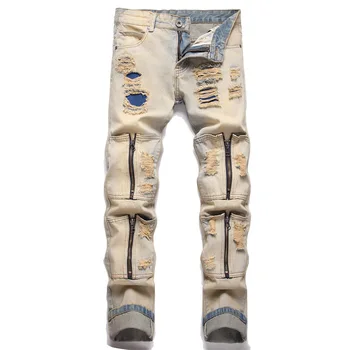 Новые Мужские рваные джинсы в стиле панк, Прямые, тонкие, уличная одежда в стиле хип-хоп, Модная нашивка с дырками, повседневные джинсы, молния, ретро Желтый цвет