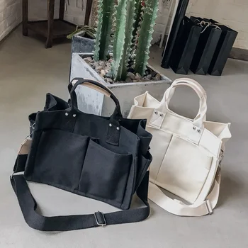 Однотонная холщовая сумка с несколькими карманами, Повседневная сумка-тоут Большой емкости, сумка для покупок, Женские школьные сумки через плечо