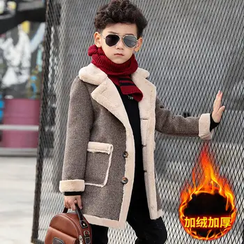 Плотное пальто средней длины для мальчиков, детское клетчатое пальто от 3 до 14 лет, детское зимнее плюшевое теплое пальто плюс бархатная детская одежда