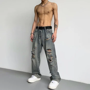 Рваные джинсы в стиле ретро Y2K Old Beggar, Мужская уличная мода в американском стиле Хип-хоп, брюки с прямыми штанинами, Высокие уличные брюки Tide