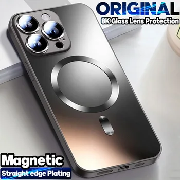 Роскошный Беспроводной Матовый Чехол На Магните Для Magsafe Case iPhone 15 14 13 12 11 Pro Max Plus XS X 8K Из Стекла С полной защитой объектива камеры